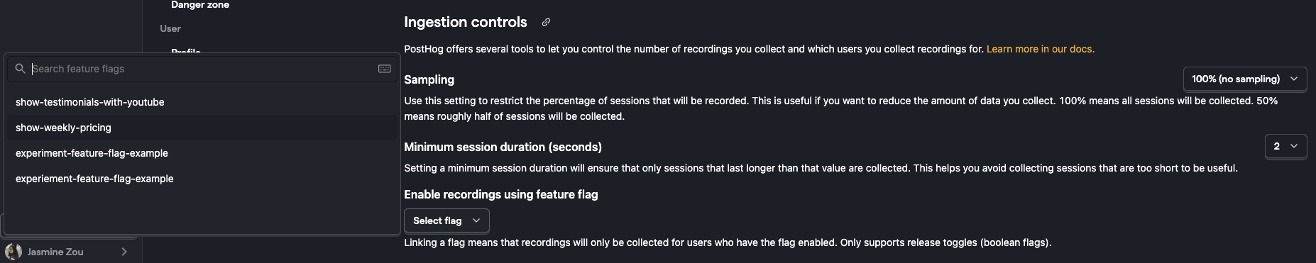 Selecting a feature flag to control session recordings