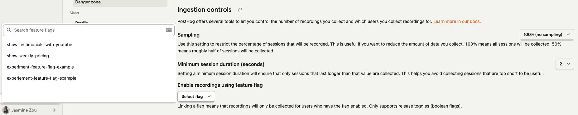 Selecting a feature flag to control session recordings